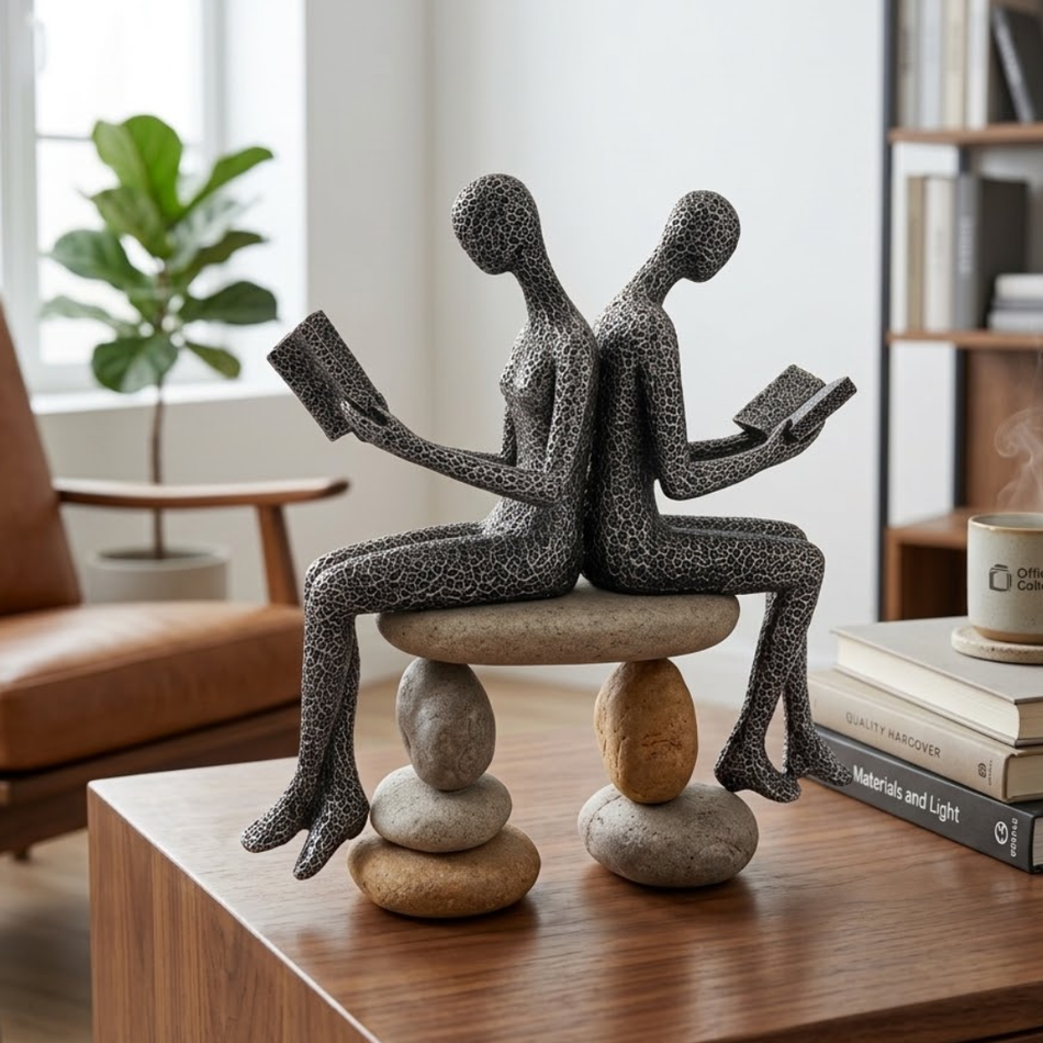 Reading Couple on Pebble Stack 20cm Office Shelf Ornament
