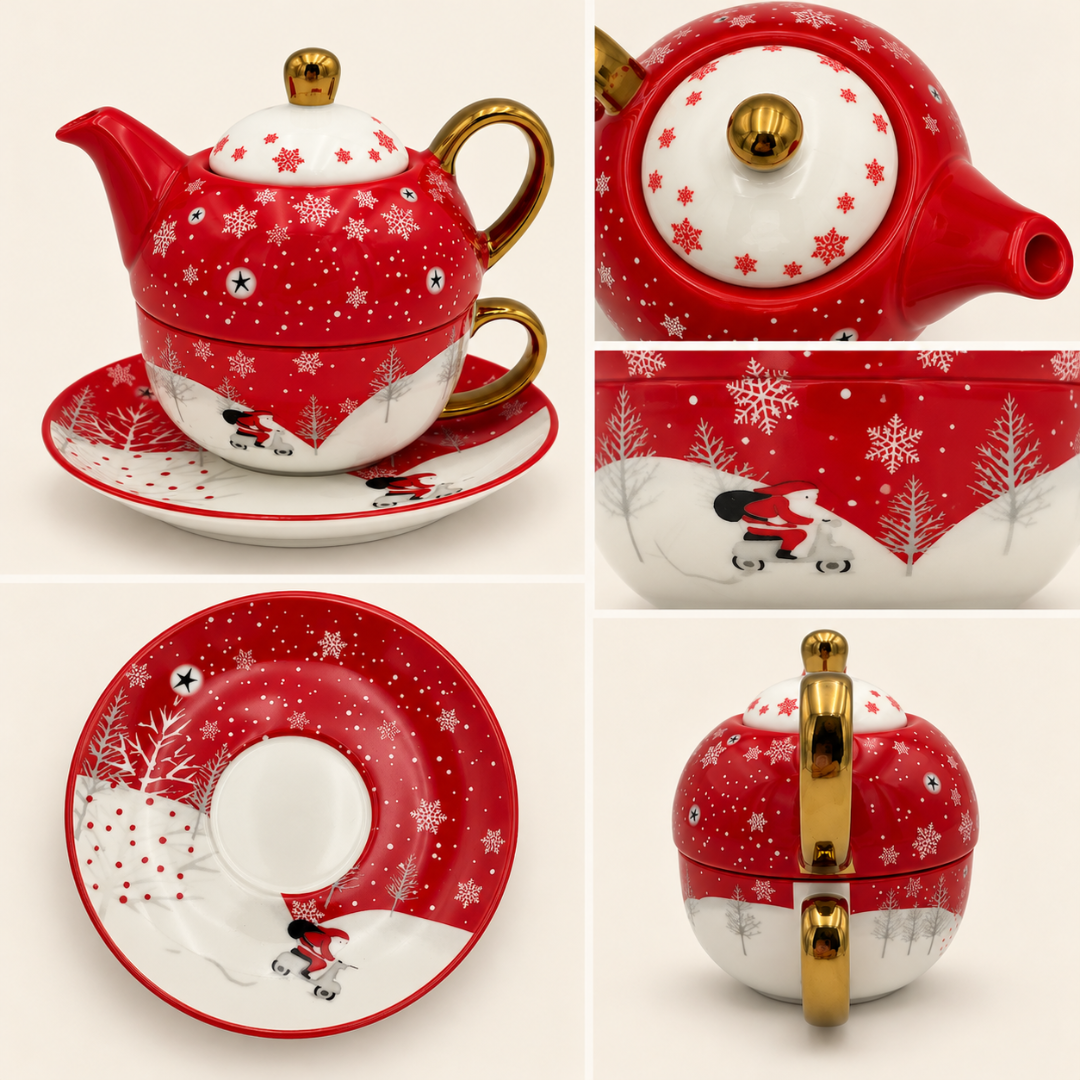 Red snowflake tea for one set details: teapot, lid, spout, saucer and gold-coloured handle