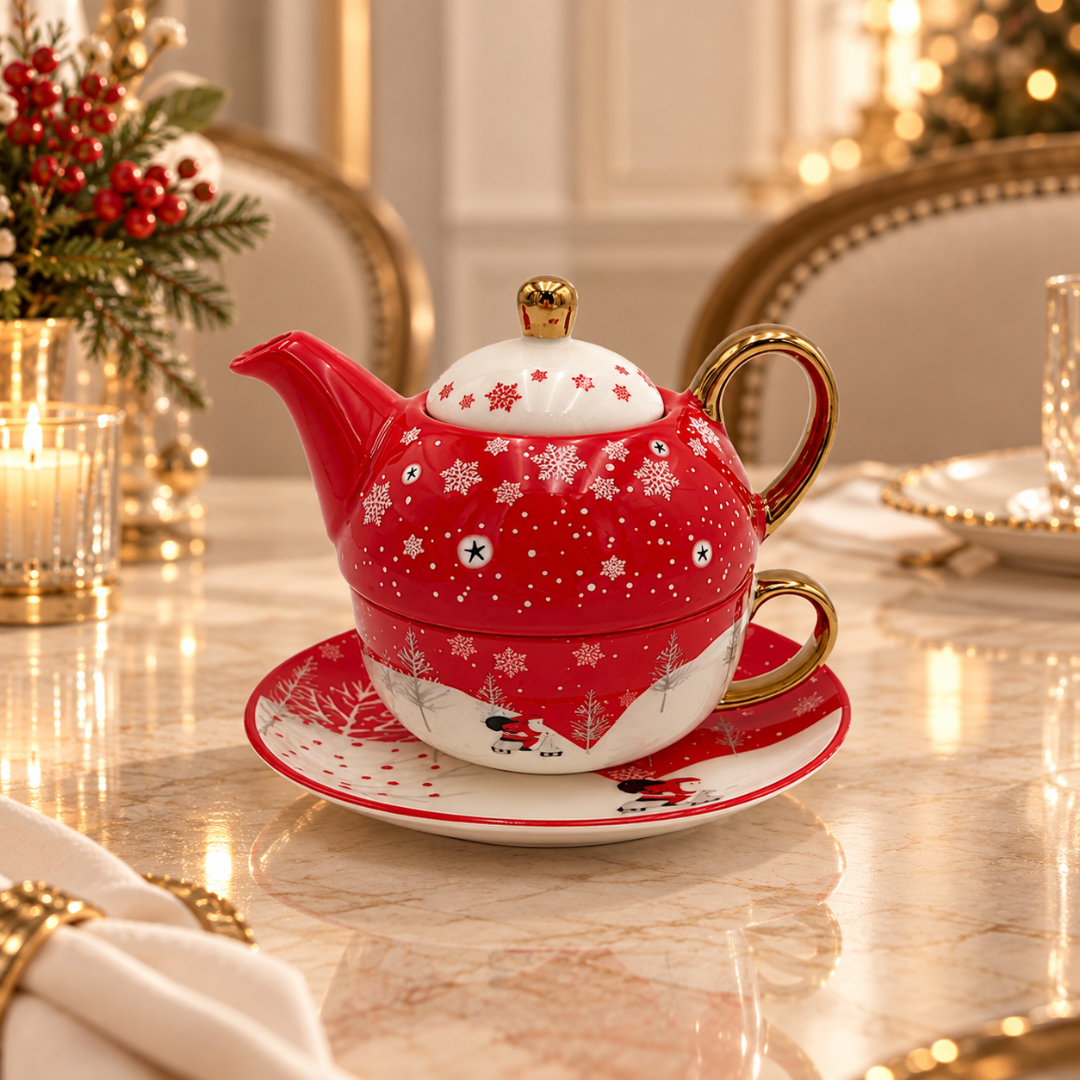 Red snowflake Christmas tea for one set with gold-coloured handle, stacked on its saucer on a festive marble table
