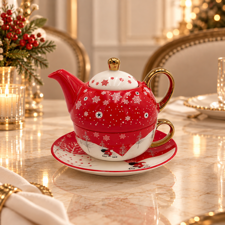 Red snowflake Christmas tea for one set with gold-coloured handle, stacked on its saucer on a festive marble table