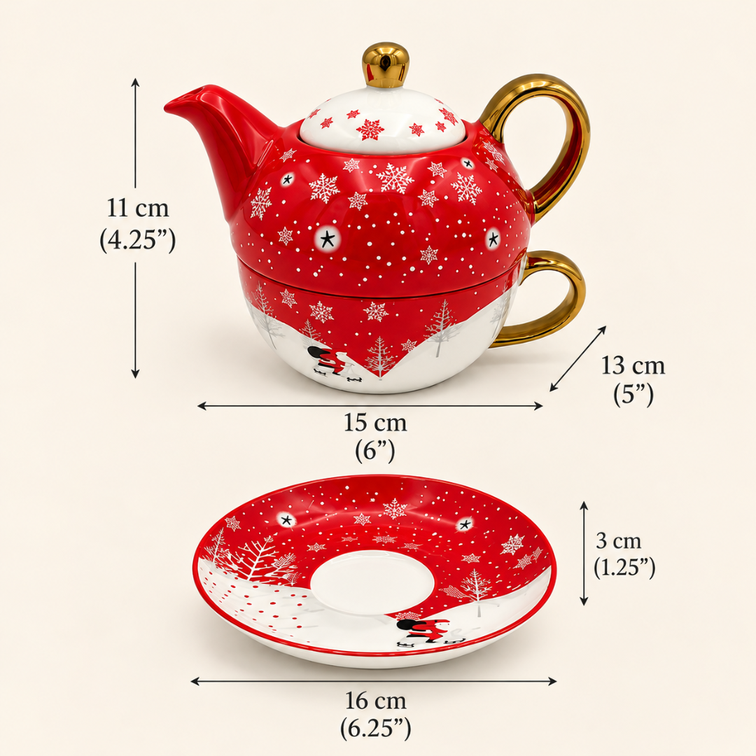 Red snowflake tea for one set dimensions: teapot 13cm tall and 15cm wide, saucer 16cm wide and 3cm deep