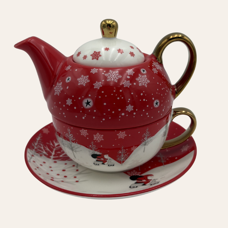 Real product photo of the red snowflake tea for one set stacked on its saucer