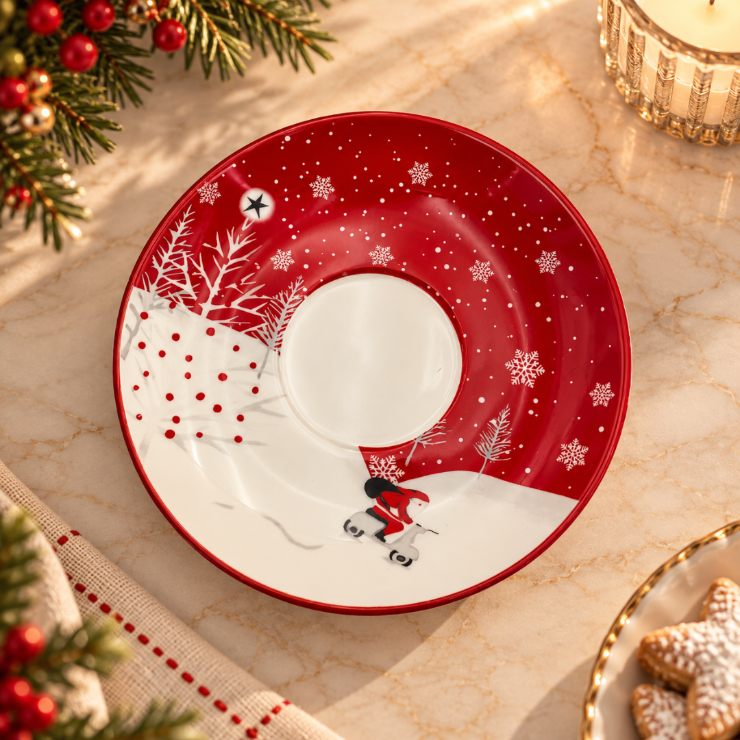 Red snowflake Christmas saucer with a snowy scene of Santa on a scooter