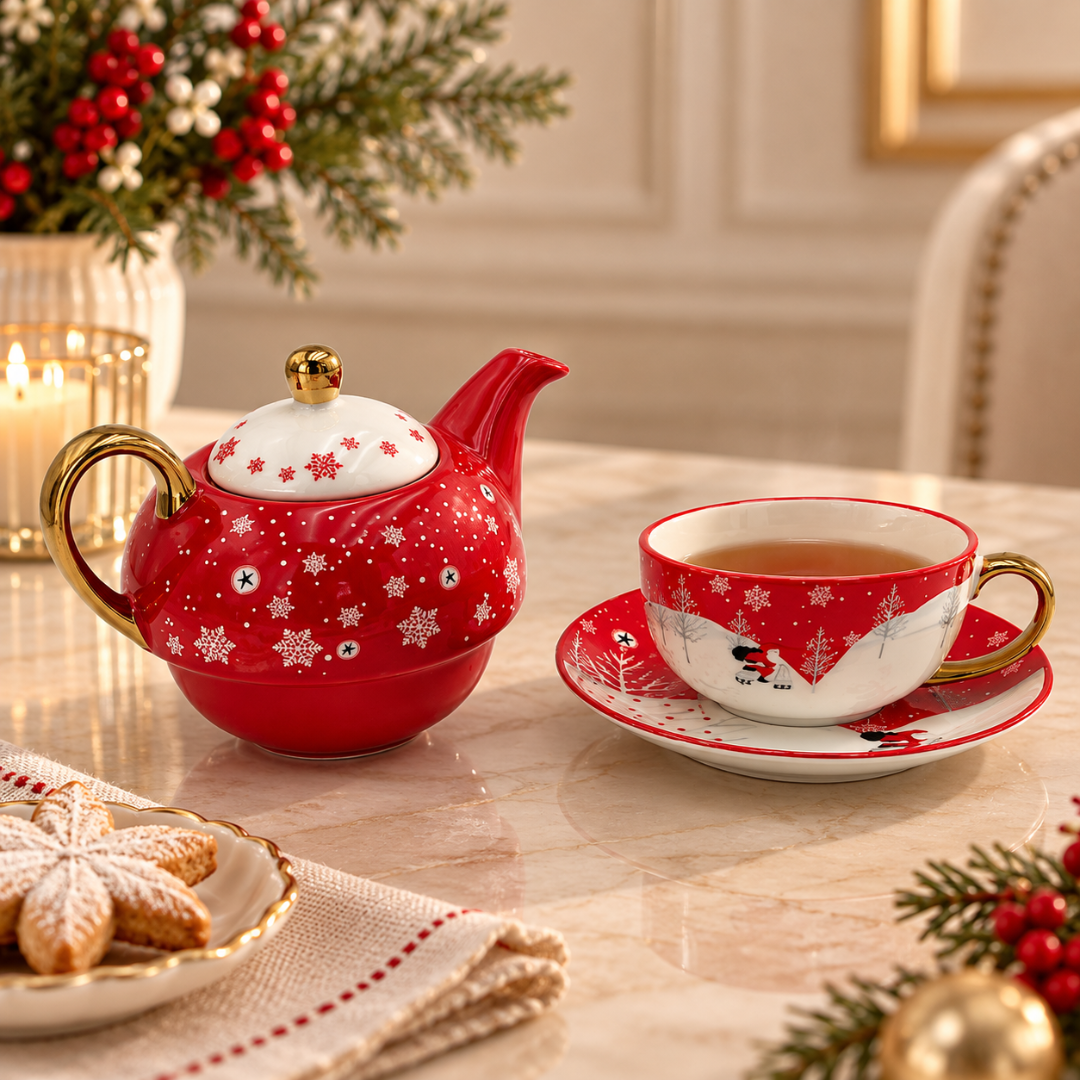 Red snowflake teapot beside its cup of tea and saucer on a Christmas table with gingerbread biscuits