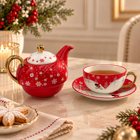 Red snowflake teapot beside its cup of tea and saucer on a Christmas table with gingerbread biscuits