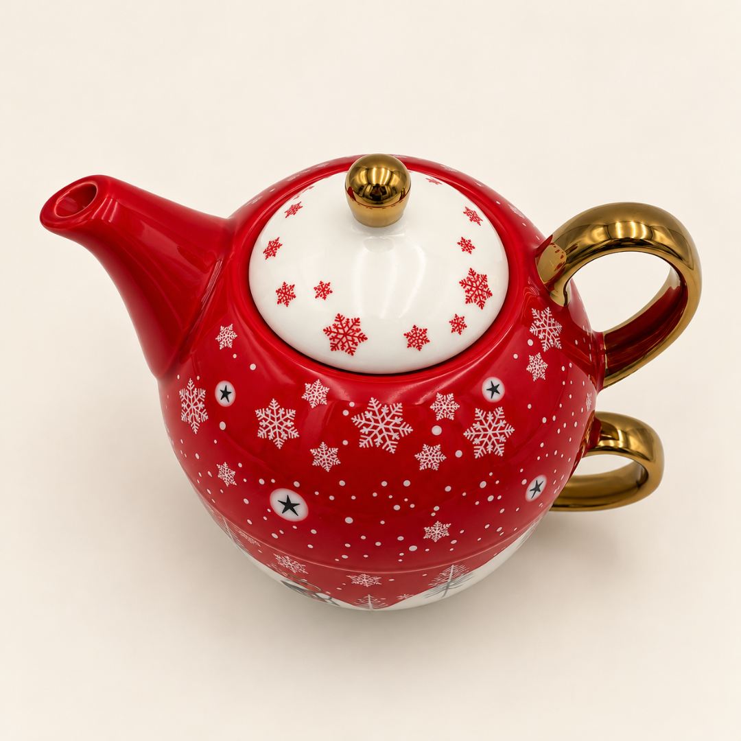 Close-up of the red teapot with white snowflakes and a gold-coloured lid knob