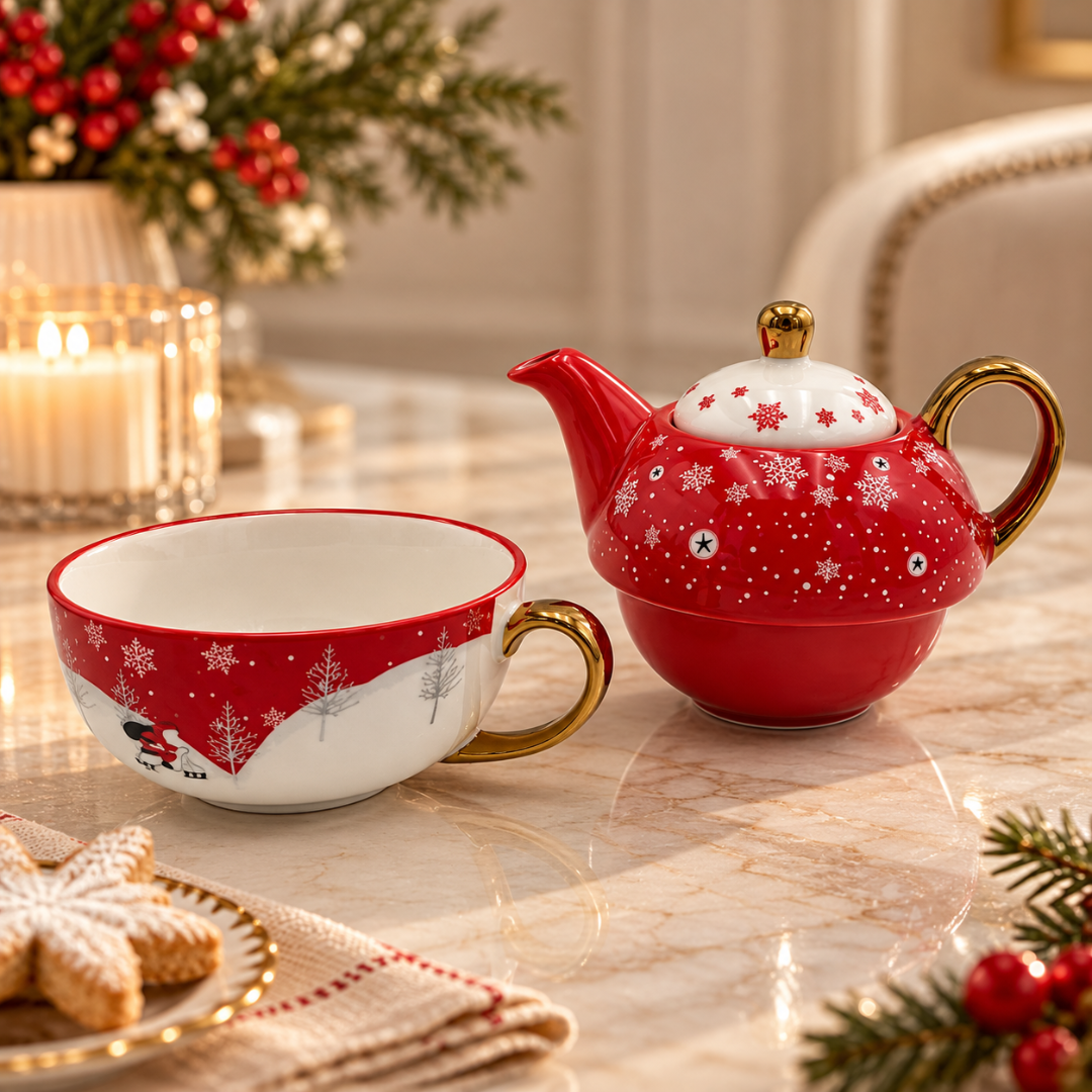 Red snowflake teapot next to its empty cup on a festive table with candles