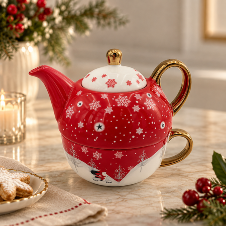 Red snowflake teapot with gold-coloured handle and lid knob on a white background