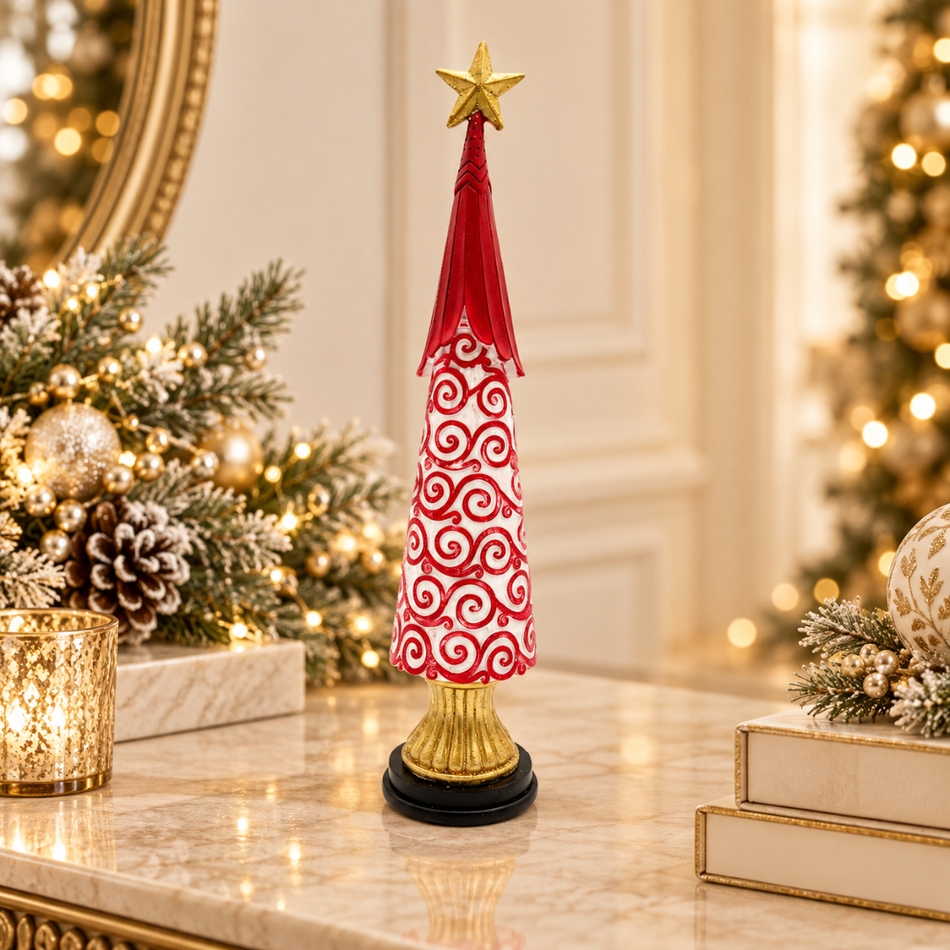 Red and White Swirl Wooden Christmas Tree Figurine