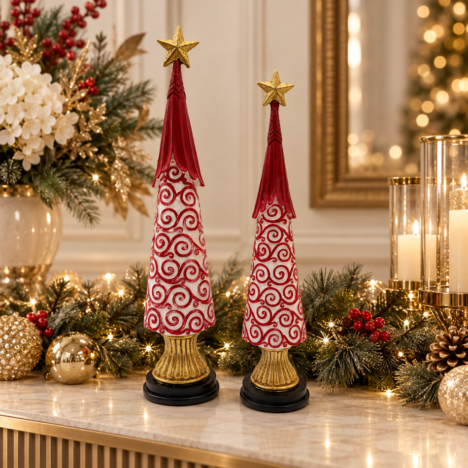 Red and White Swirl Wooden Christmas Tree Figurine