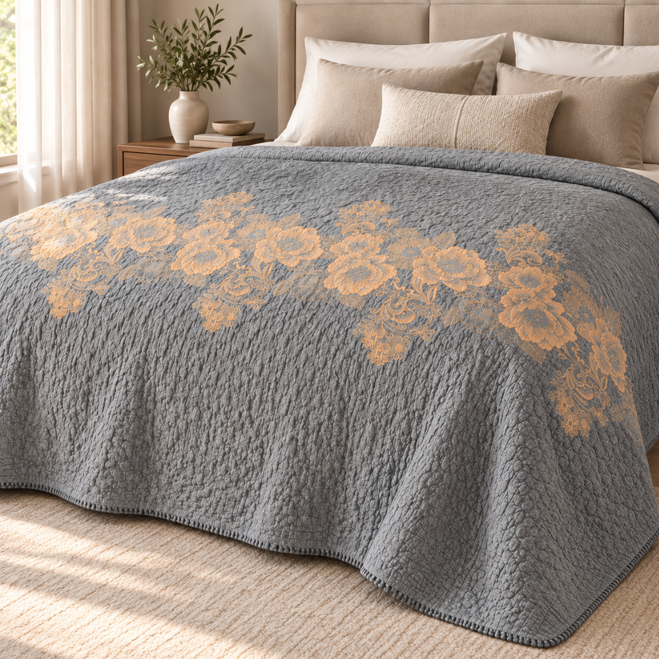 Reversible Floral Jacquard Bedspread and Throw Blanket 240 x 240cm Grey and Peach
