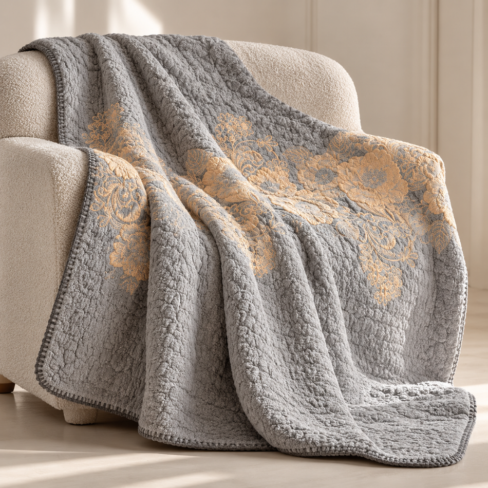 Reversible Floral Jacquard Bedspread and Throw Blanket 240 x 240cm Grey and Peach