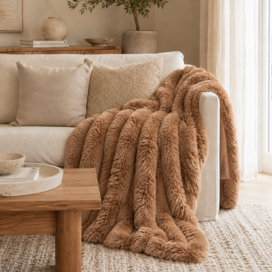 Large Camel Faux Fur Throw Blanket for Sofa & Bed – 200 × 230cm