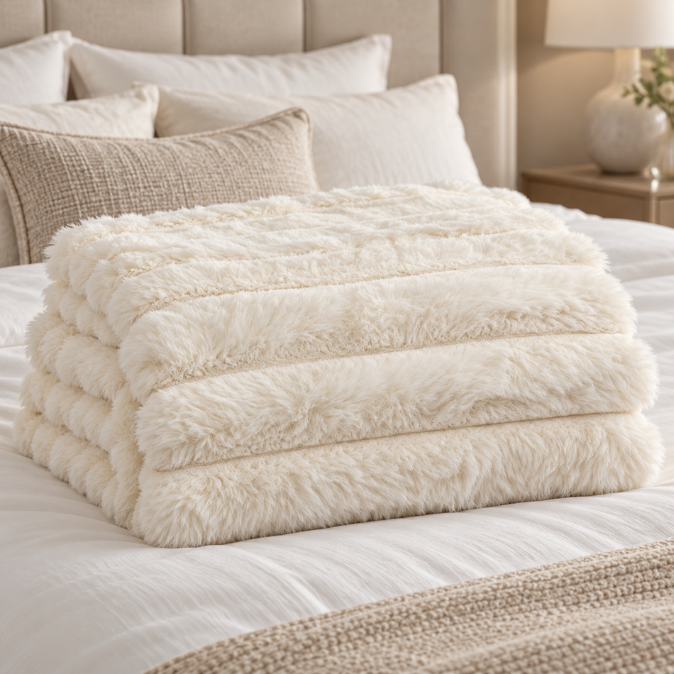 Ribbed Faux Fur Throw Blanket 150 x 200cm Cream