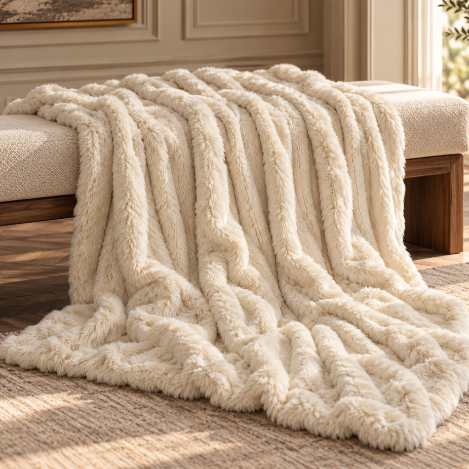 A thick, plush cream-colored throw blanket with a ribbed, cable-knit texture draped over a beige upholstered bench in a warm, elegant room.