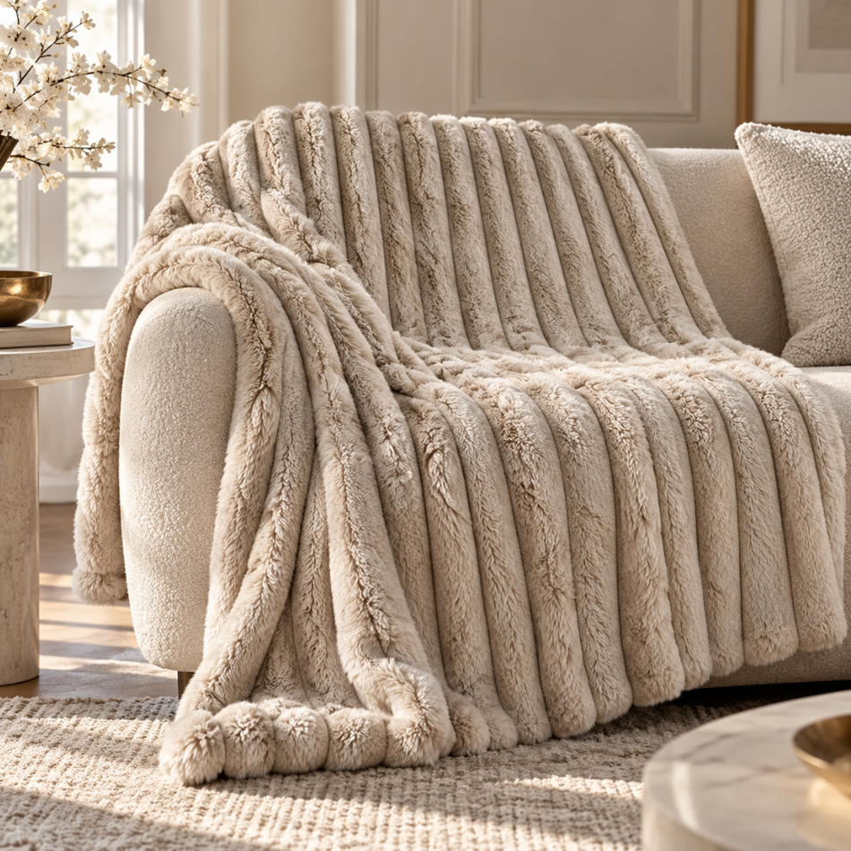 Ribbed Faux Fur Throw Blanket 150 x 200cm Oatmeal