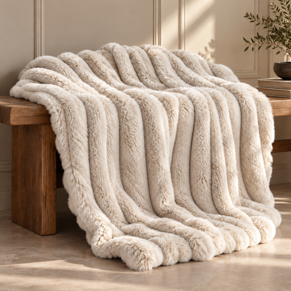 Ribbed Faux Fur Throw Blanket 150 x 200cm Oatmeal