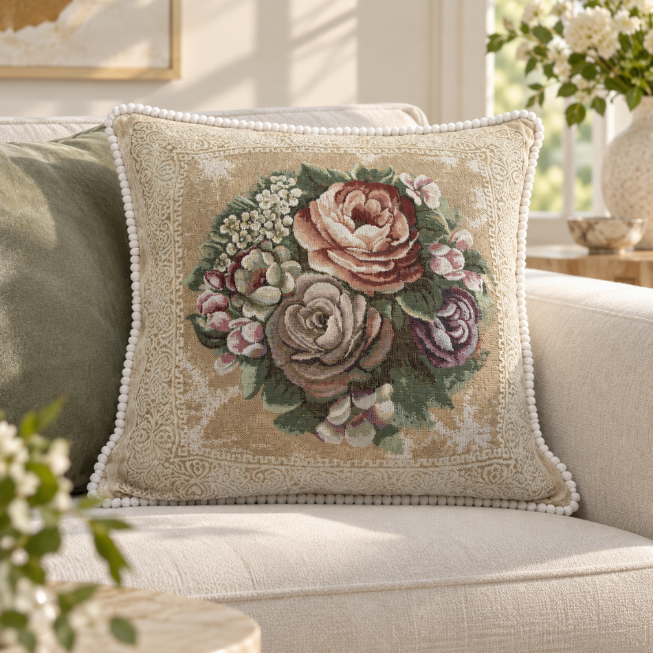 Rose Bouquet Tapestry Cushion Cover 50 x 50 cm Beige
