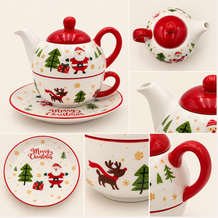 Santa tea for one set details: teapot, lid, Merry Christmas saucer and cup with reindeer