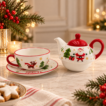 Santa teapot beside its cup and saucer on a Christmas table with star biscuits