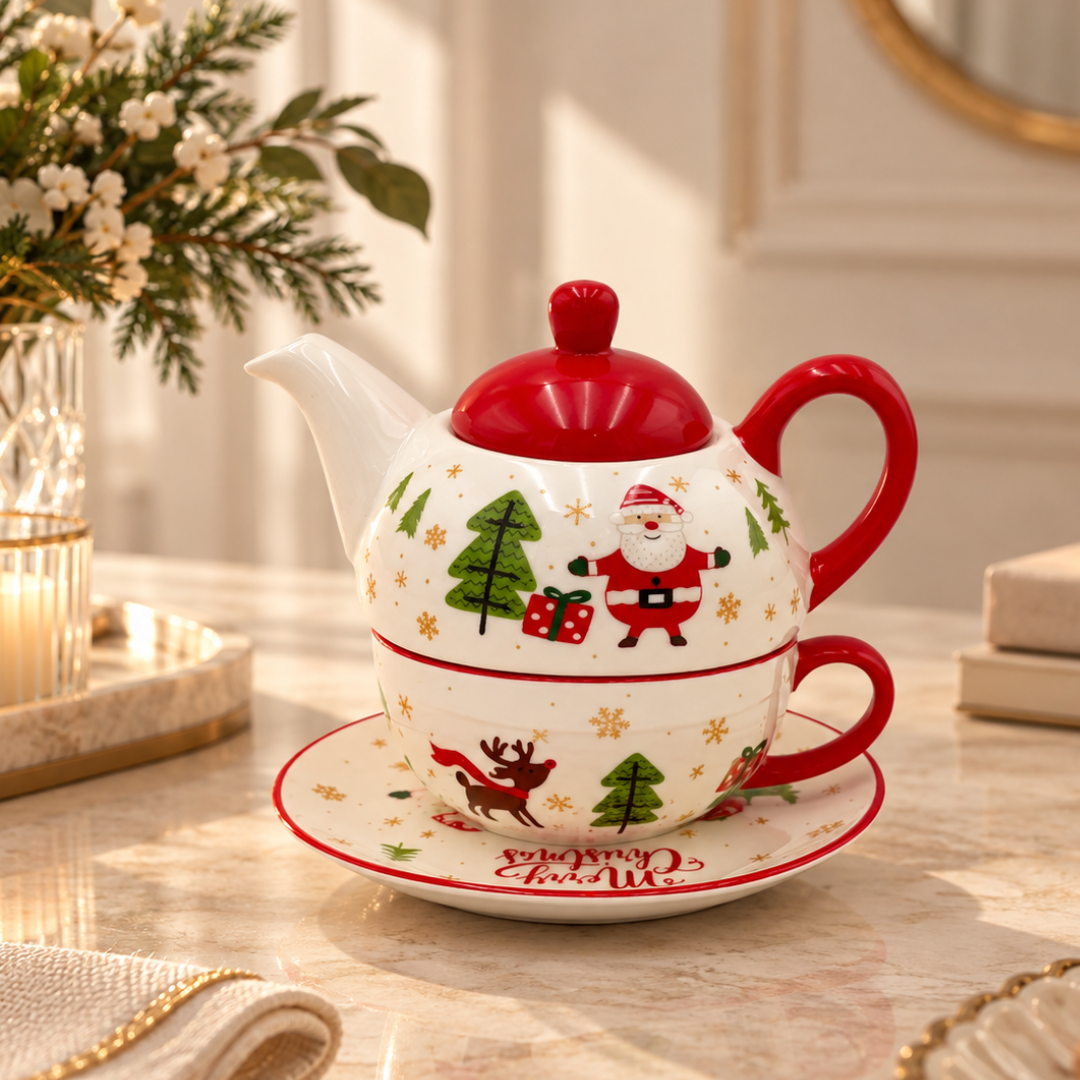 Santa Christmas tea for one set with red lid and handle, stacked on its saucer on a festive marble table