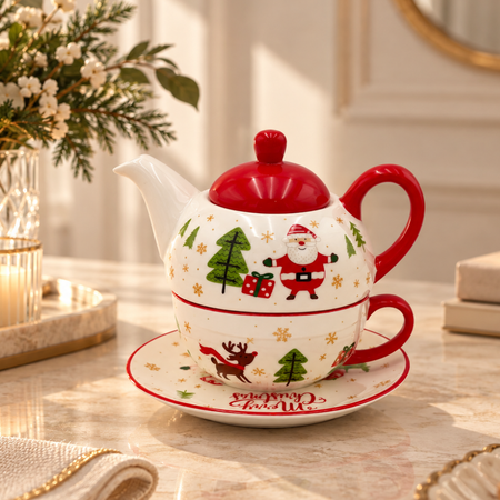 Santa Christmas tea for one set with red lid and handle, stacked on its saucer on a festive marble table