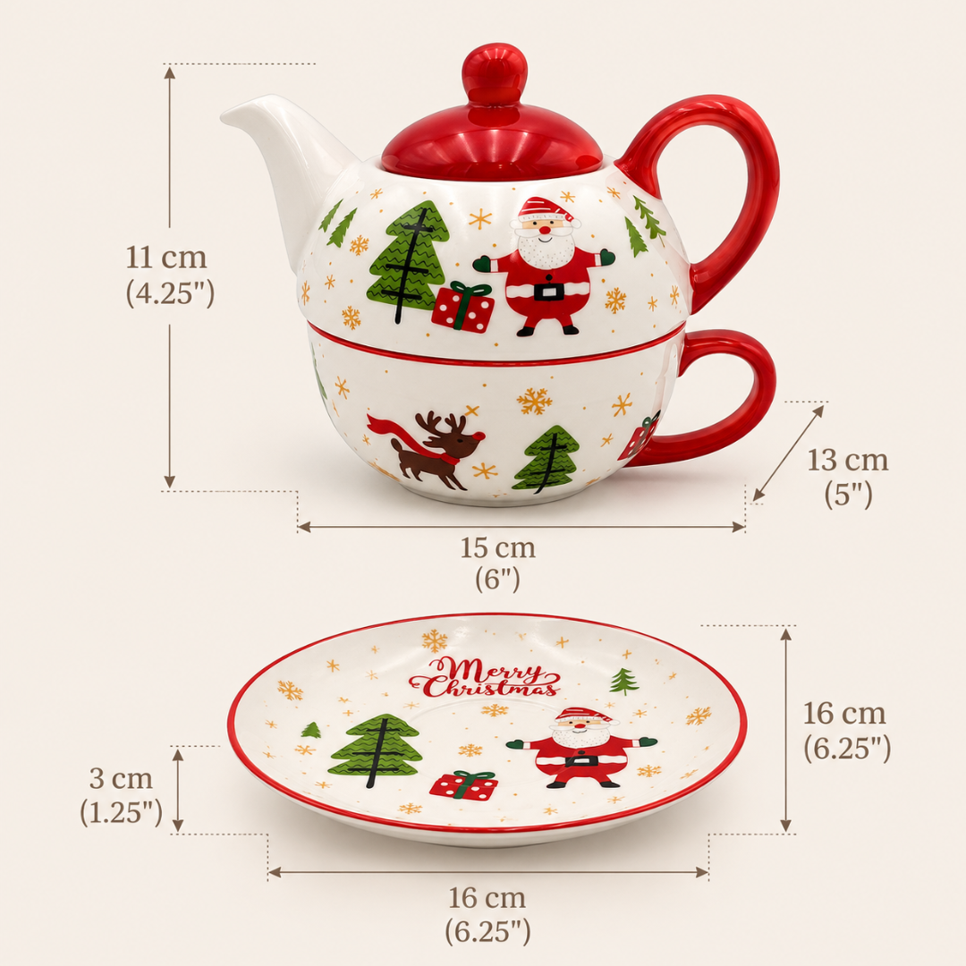 Santa Christmas tea for one set dimensions: teapot 13cm tall and 15cm wide, saucer 16cm wide and 3cm deep