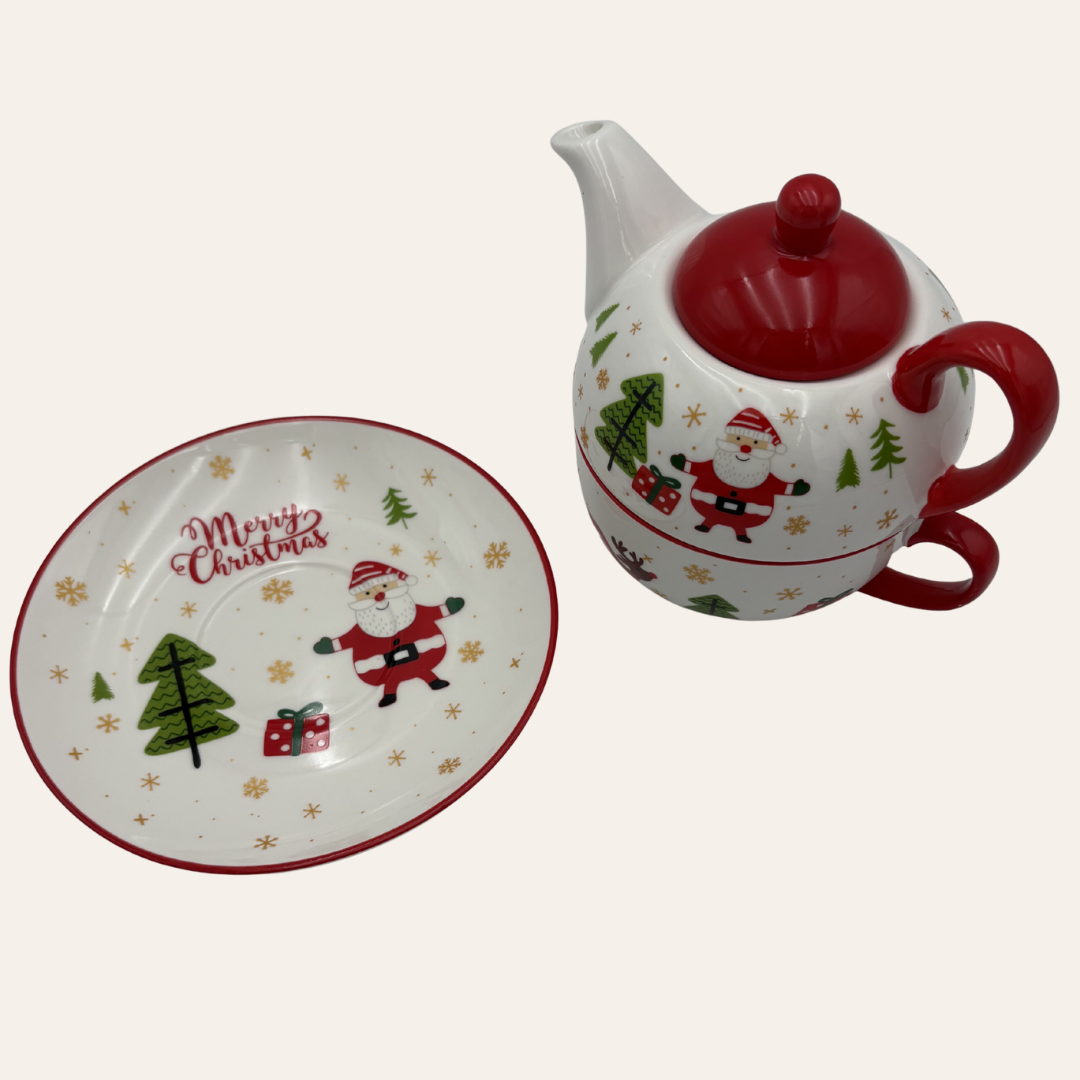 Real product photo of the Santa teapot and Merry Christmas saucer