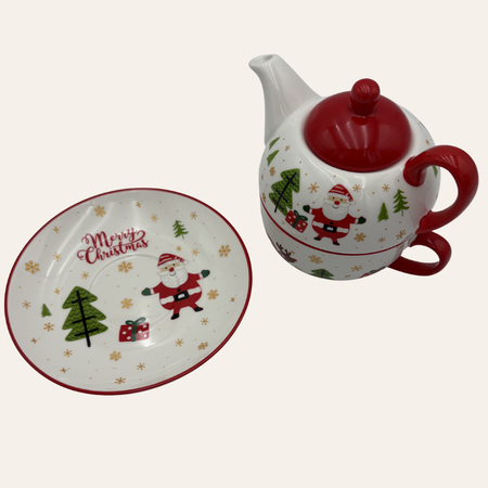 Real product photo of the Santa teapot and Merry Christmas saucer