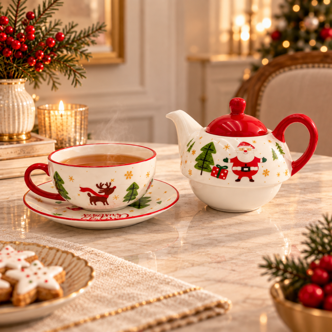 Santa Christmas teapot and cup of tea on a festive table with candles and red berries