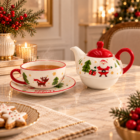Santa Christmas teapot and cup of tea on a festive table with candles and red berries