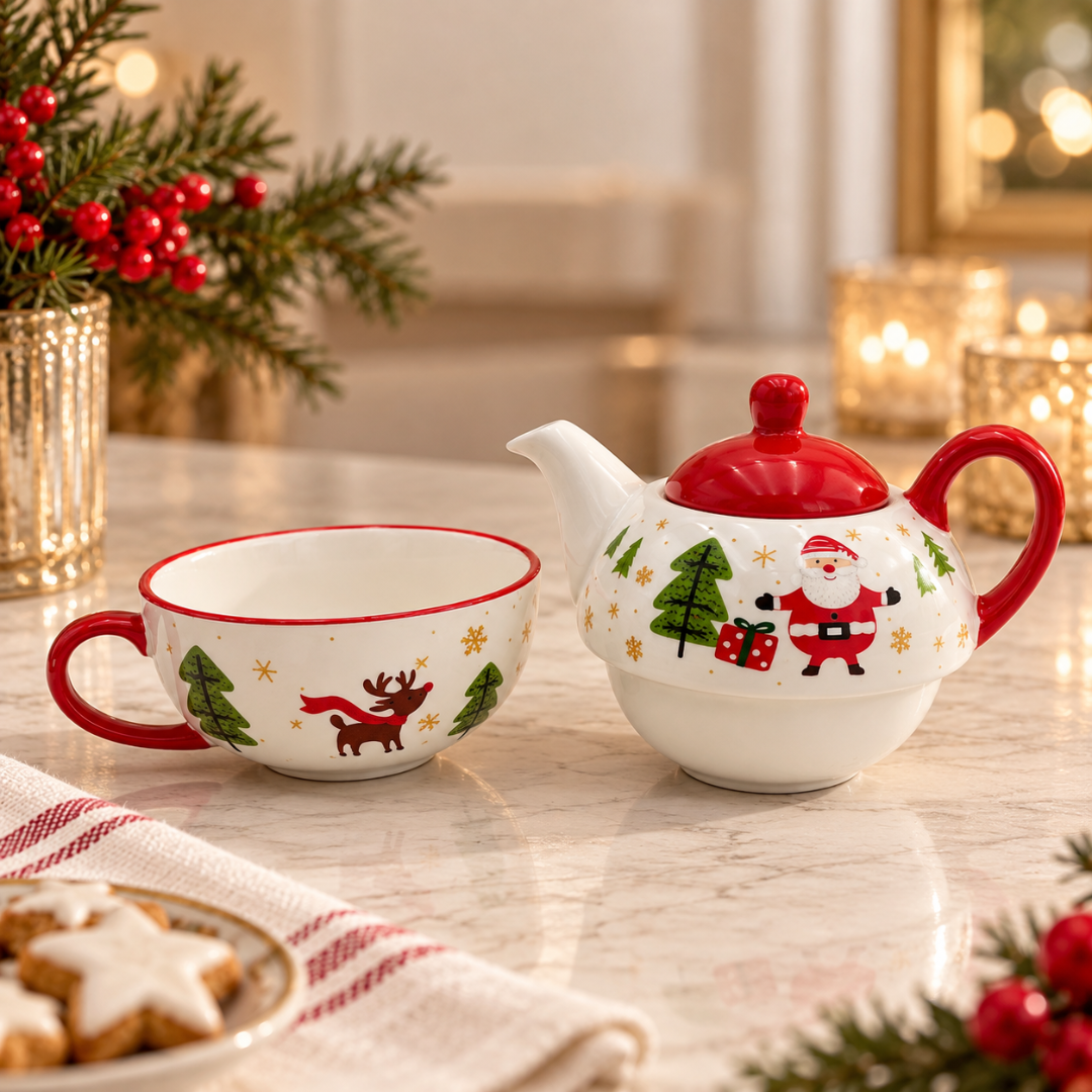 Santa teapot next to its empty cup with reindeer design on a festive table