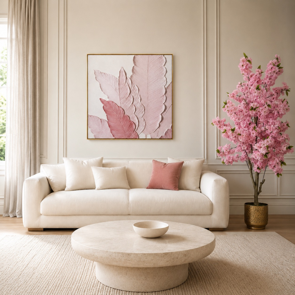 Sculpted Feathers Framed Wall Art 90 x 90cm Blush and Cream
