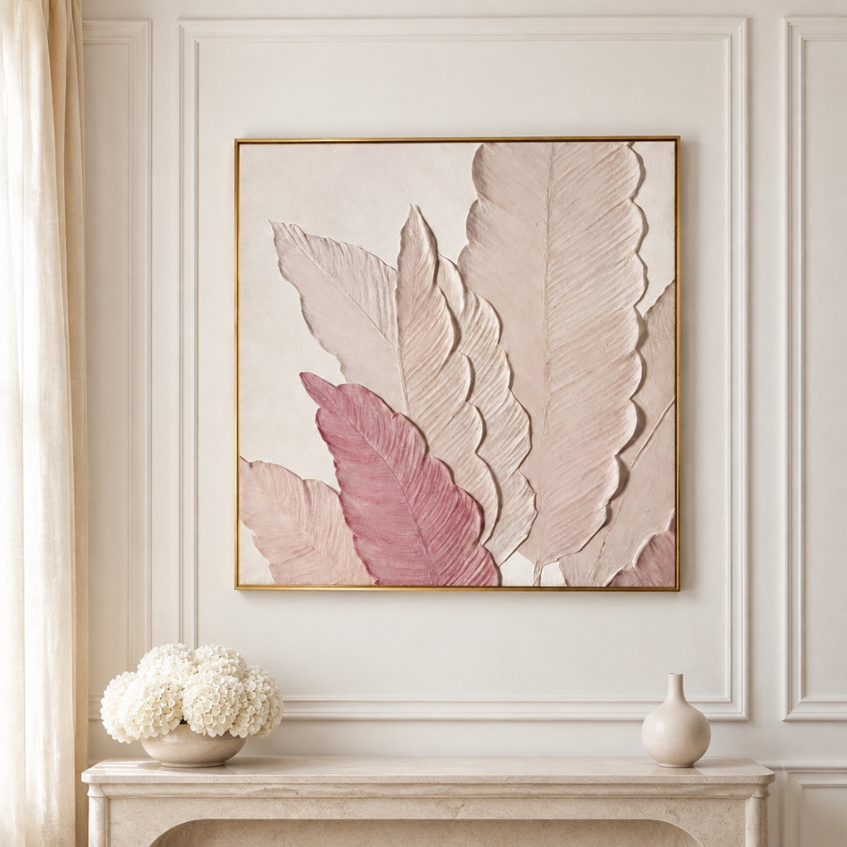 Sculpted Feathers Framed Wall Art 90 x 90cm Blush and Cream