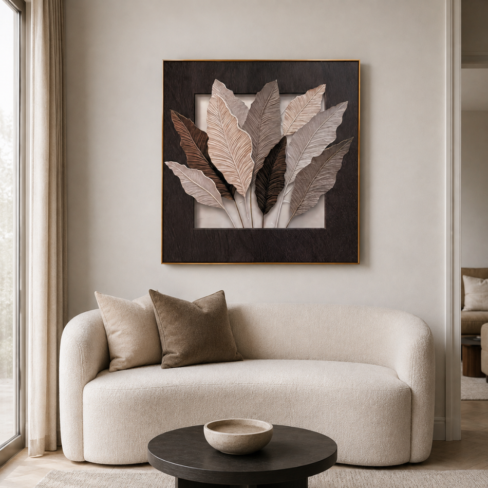 Sculpted Leaves Framed Wall Art 90 x 90cm Cream and Dark Brown