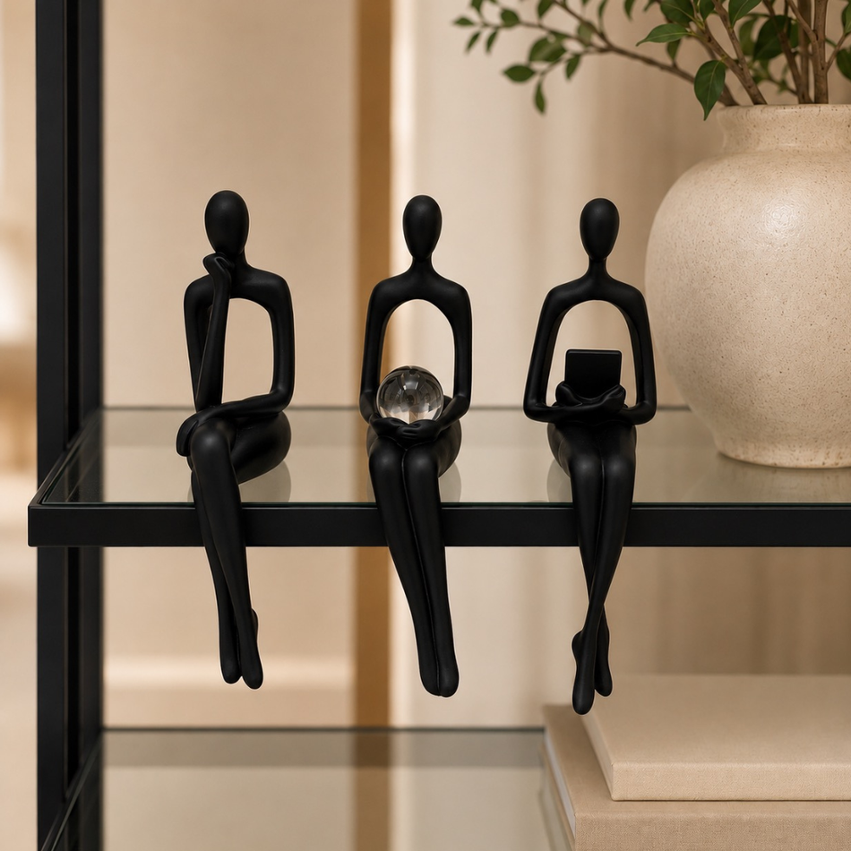 Set of 3 Black Abstract Thinker Shelf Sitter Ornaments 23cm – Modern Decorative Figurines