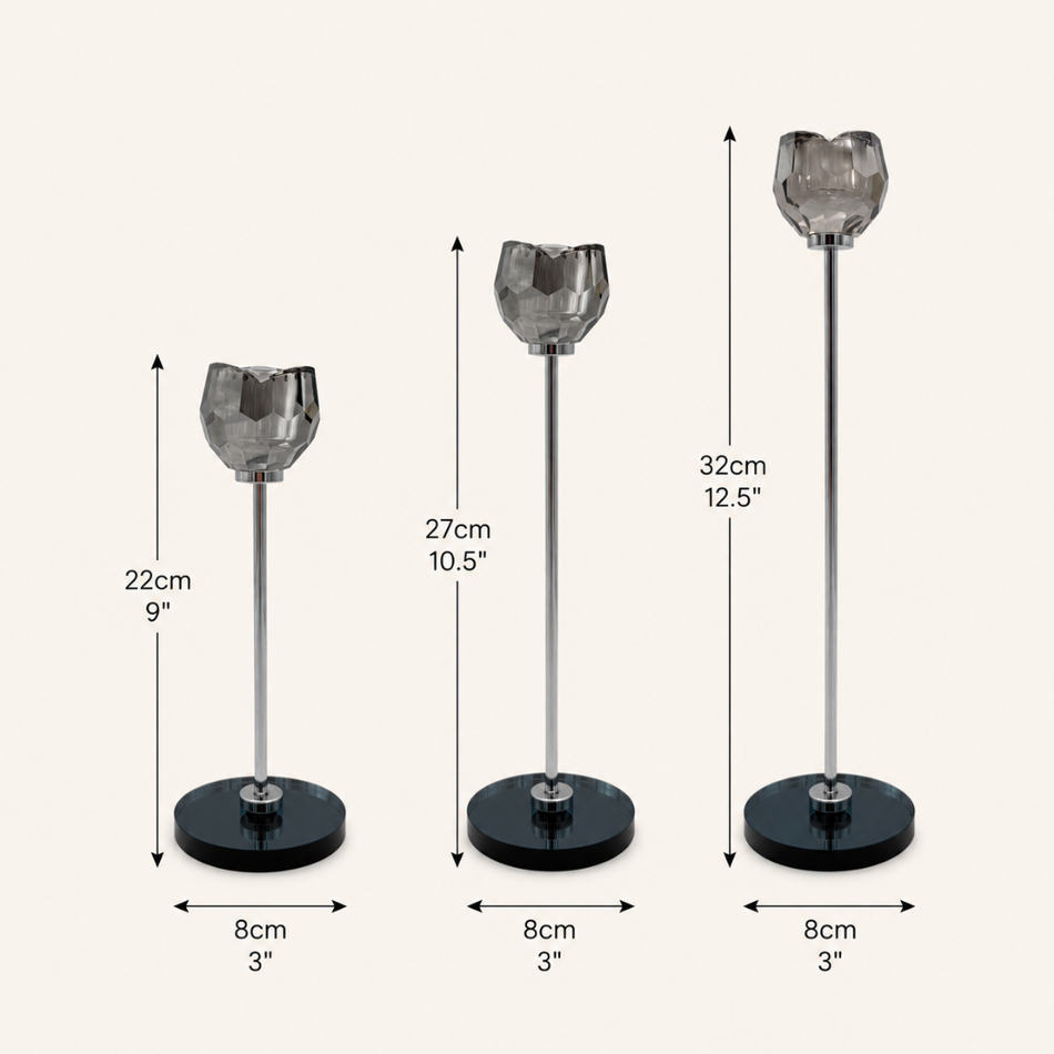 Set of 3 Black & Smoked Crystal Candle Holders 32cm – Graded Tealight Candlesticks