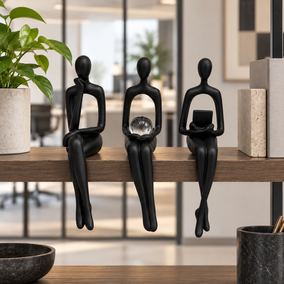 Set of 3 Black Thinker Shelf Sitter Ornaments 23cm Office Shelf Decor