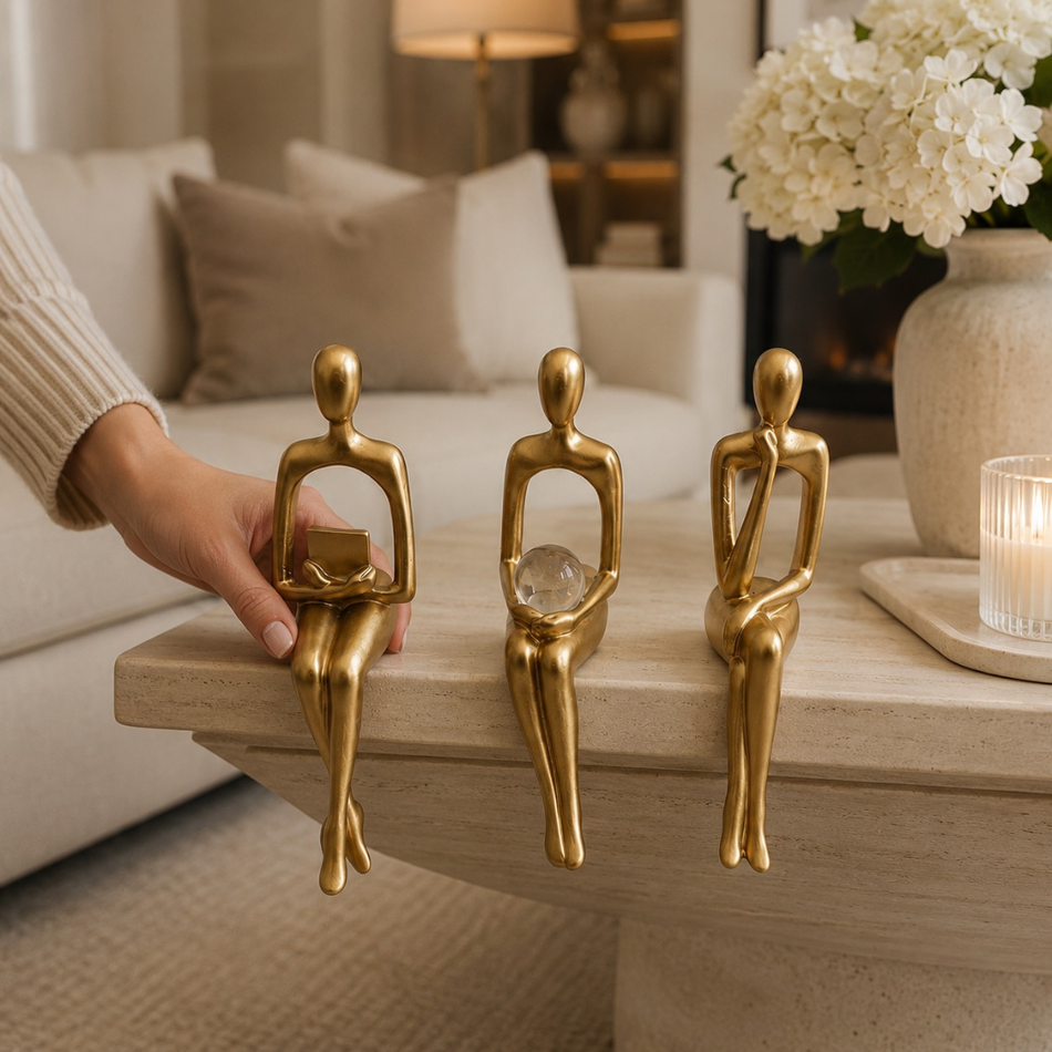 Set of 3 Gold Abstract Thinker Shelf Sitter Ornaments 23cm – Modern Decorative Figurines