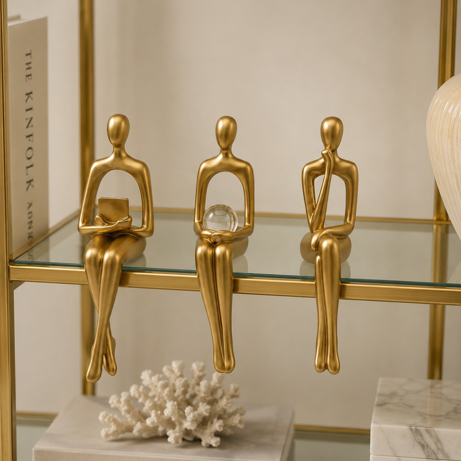 Set of 3 Gold Abstract Thinker Shelf Sitter Ornaments 23cm – Modern Decorative Figurines