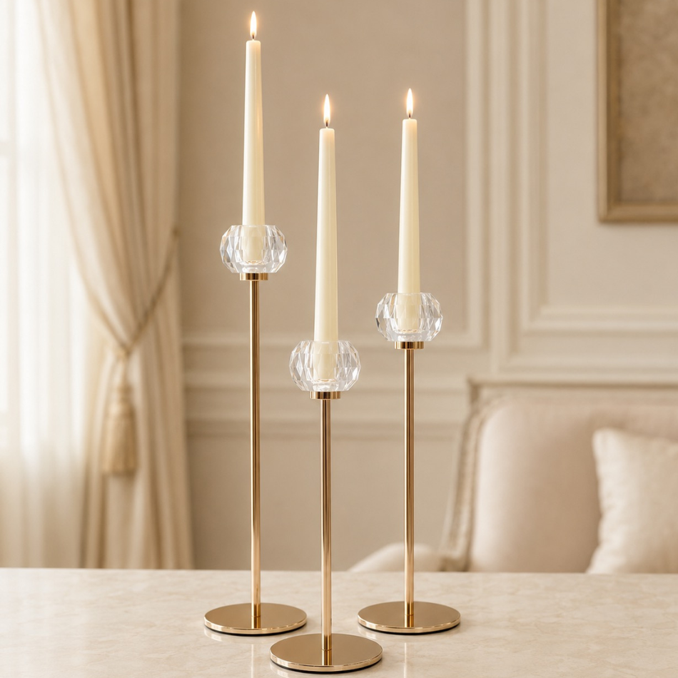 Set of 3 Gold Crystal Candle Holders 32cm – Graded Tealight Candlesticks