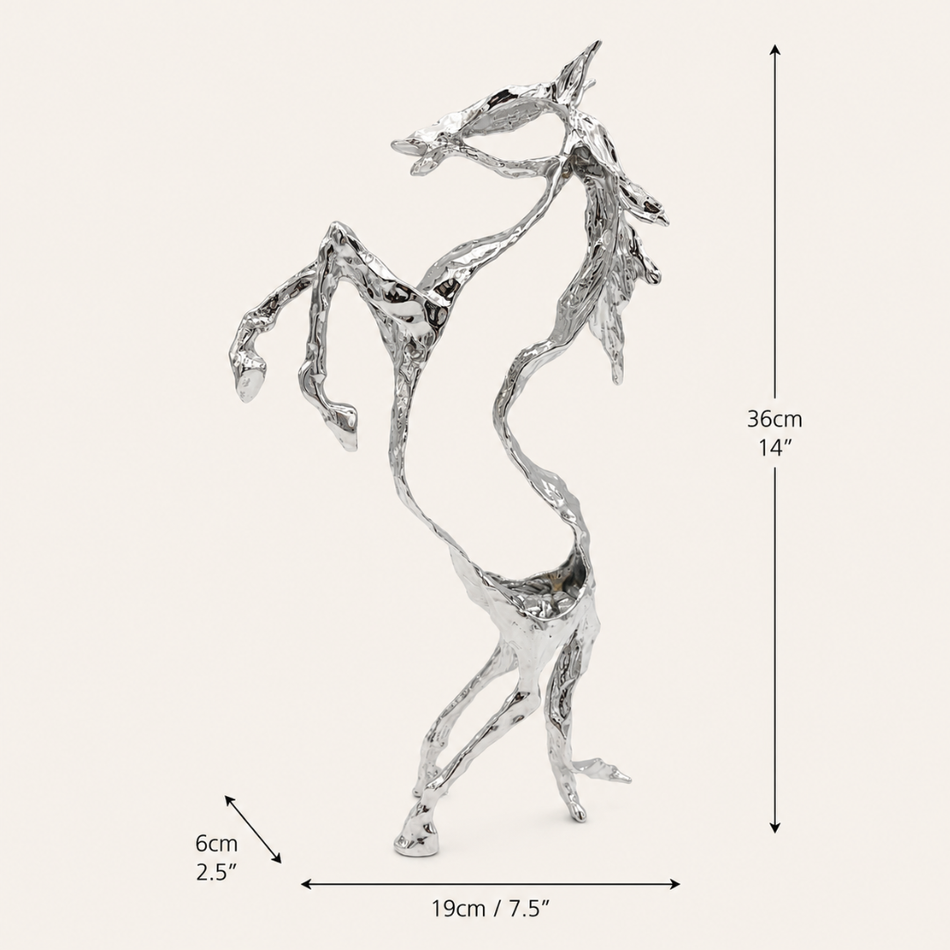 Silver Abstract Horse Sculpture 36cm – Rearing Horse Metallic Ornament