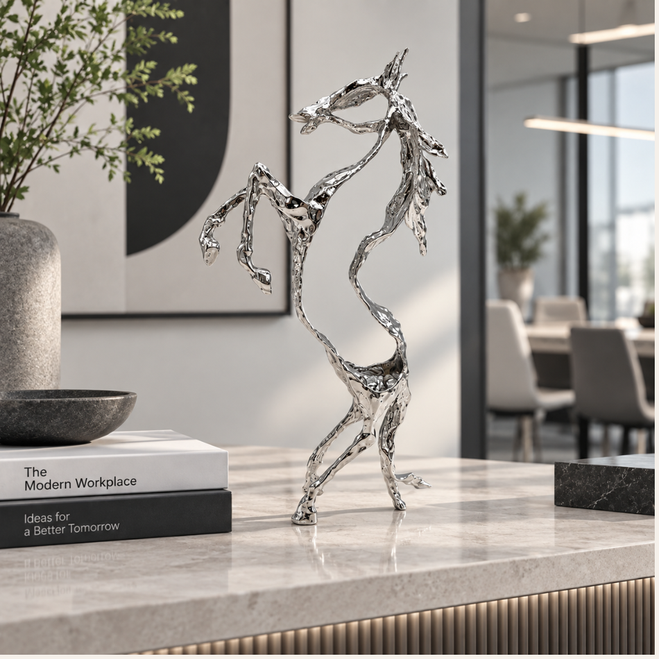 Silver Abstract Horse Sculpture 36cm Office Reception Ornament