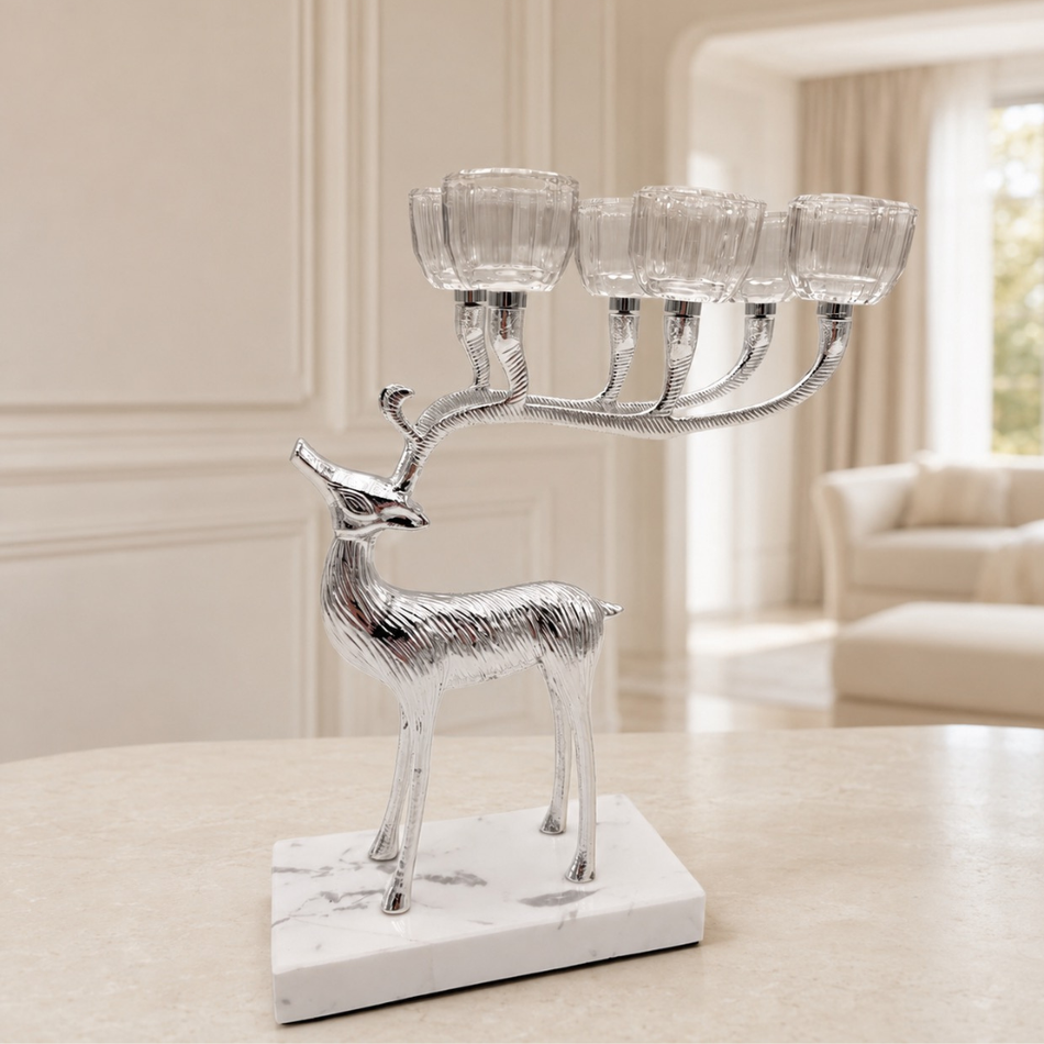 Silver Deer Candelabra 27cm – Tealight Candle Holder on Marble-Effect Base