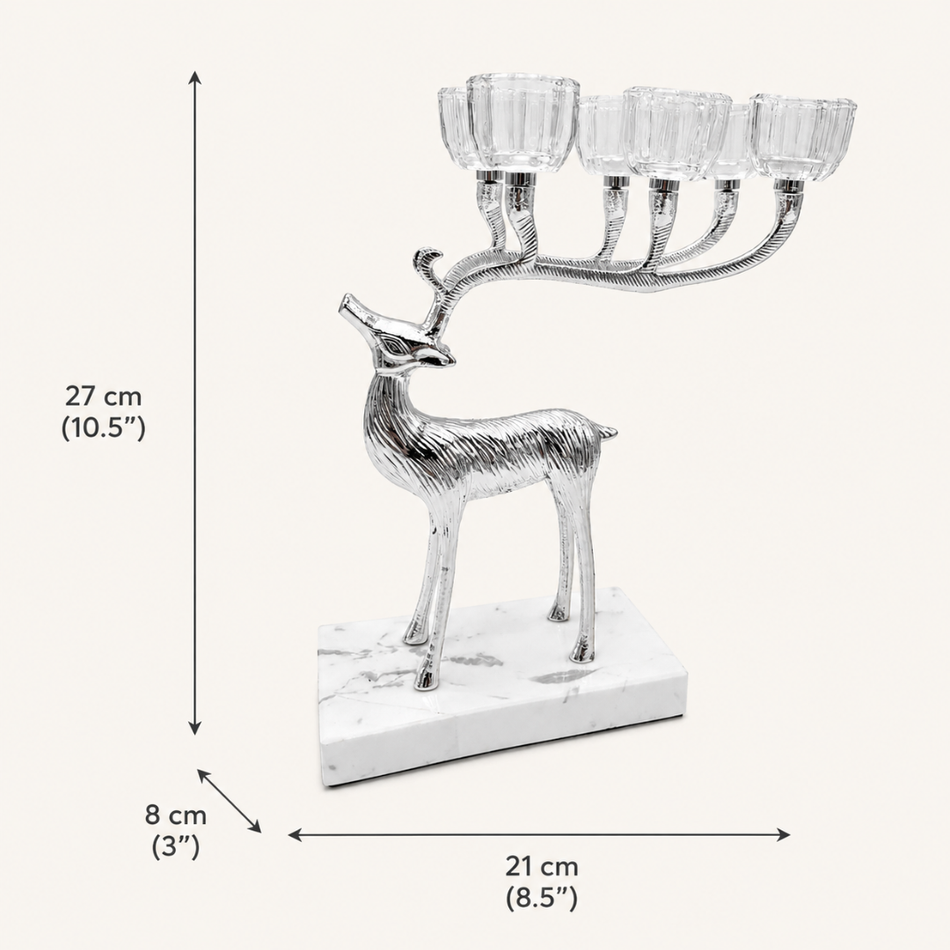 Silver Deer Candelabra 27cm – Tealight Candle Holder on Marble-Effect Base