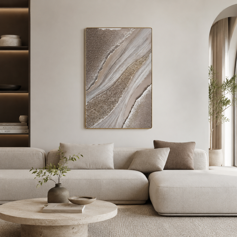 Silver Drift Textured Framed Wall Art 60 x 90cm Pearl and Grey