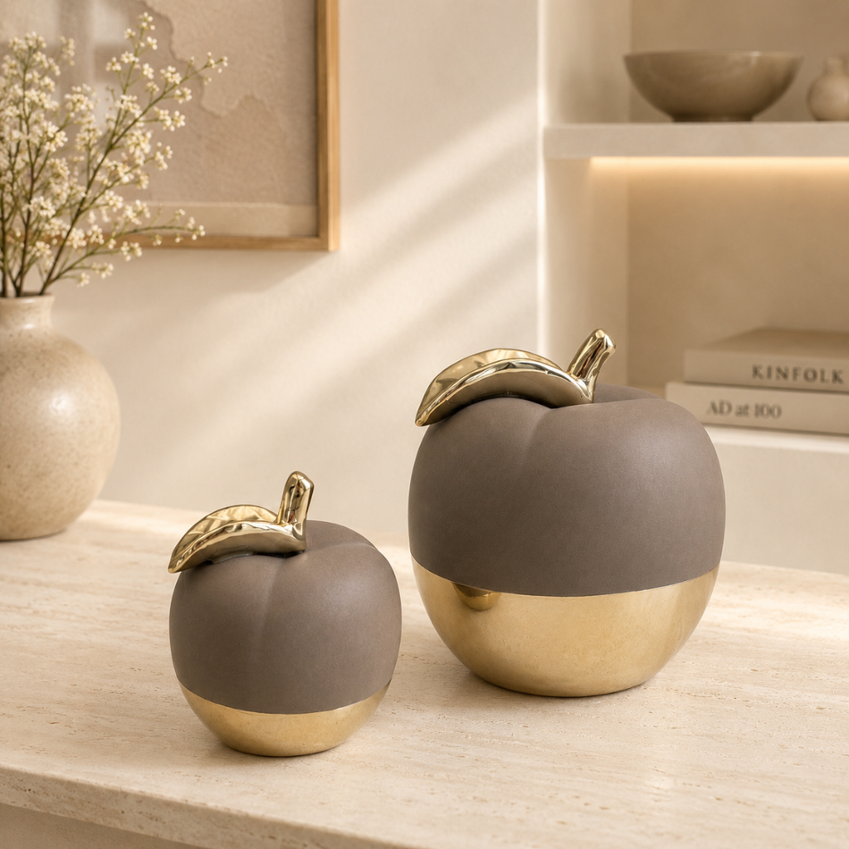 Stone Grey & Gold Ceramic Apple Ornament 16cm – Large Decorative Apple with Gold Leaf