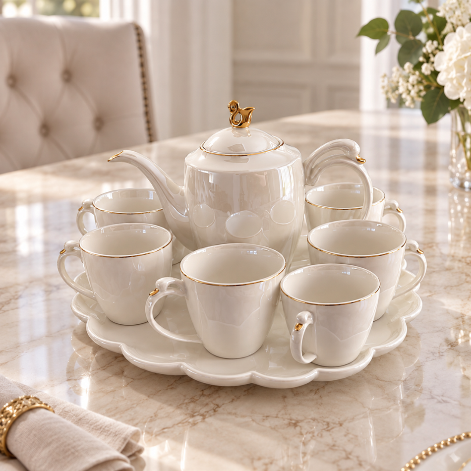 White & Gold Swan-Detail Porcelain Tea Set for 6 with Teapot & Rotating Tray