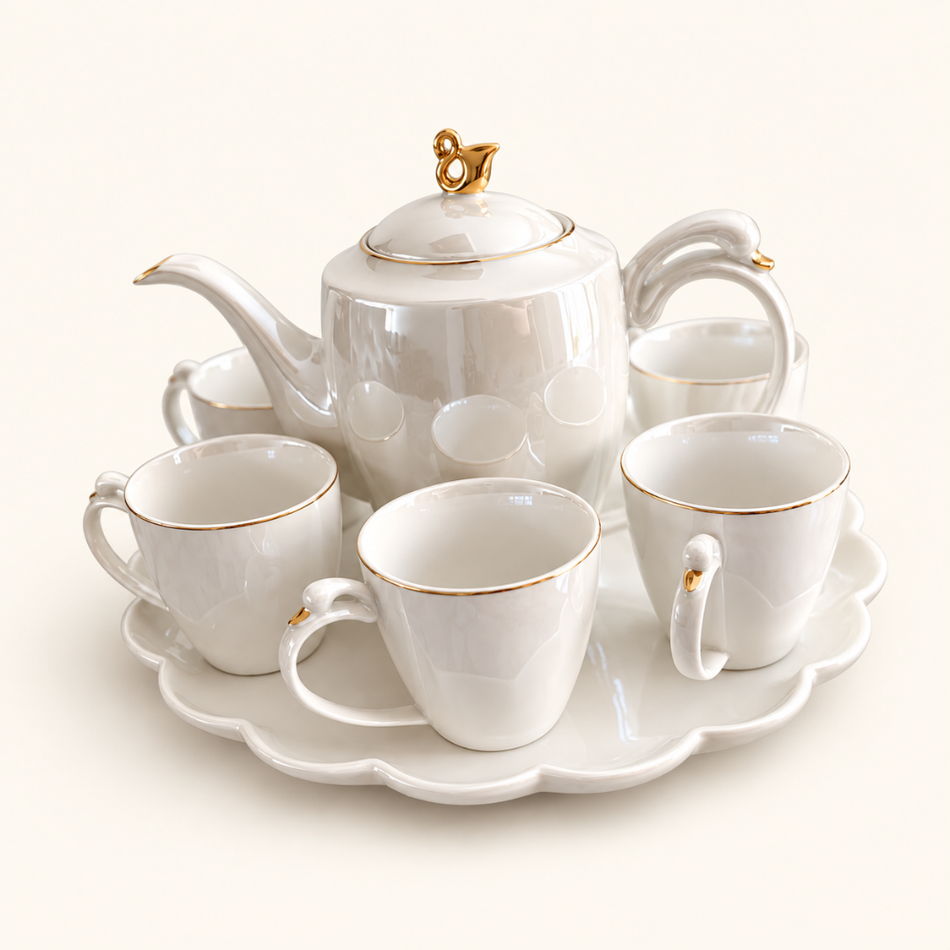 White & Gold Swan-Detail Porcelain Tea Set for 6 with Teapot & Rotating Tray