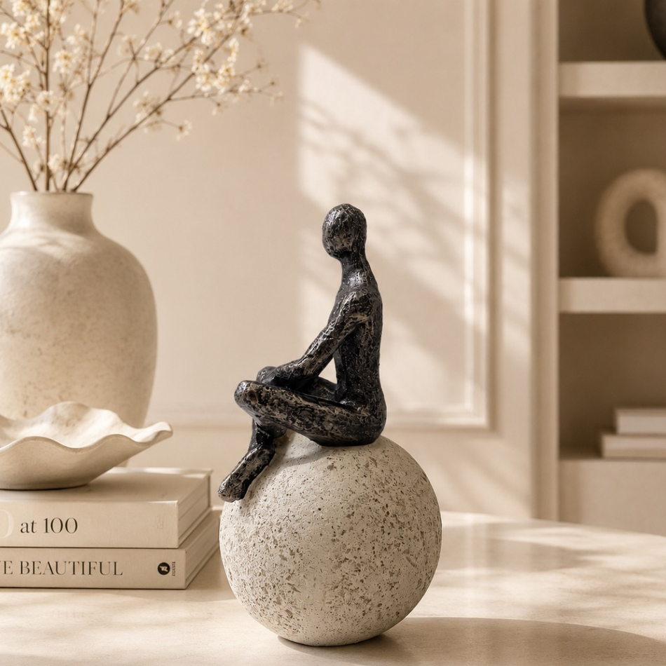 Thinker Figurine on Stone Ball 22cm Pose A – Sculptural Figure Ornament